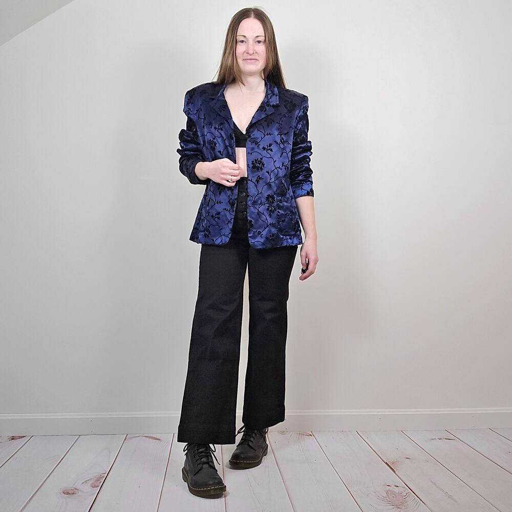 Vintage 90s Satin Velvet Floral Blazer Navy Black M/L